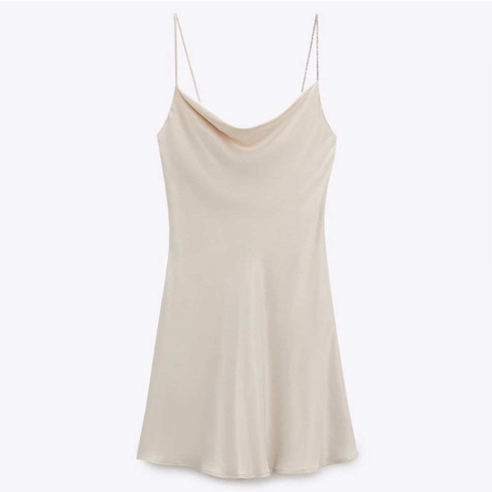 BRAND NEW Zara rhinestone strap satin effect mini part cocktail dress in beige
